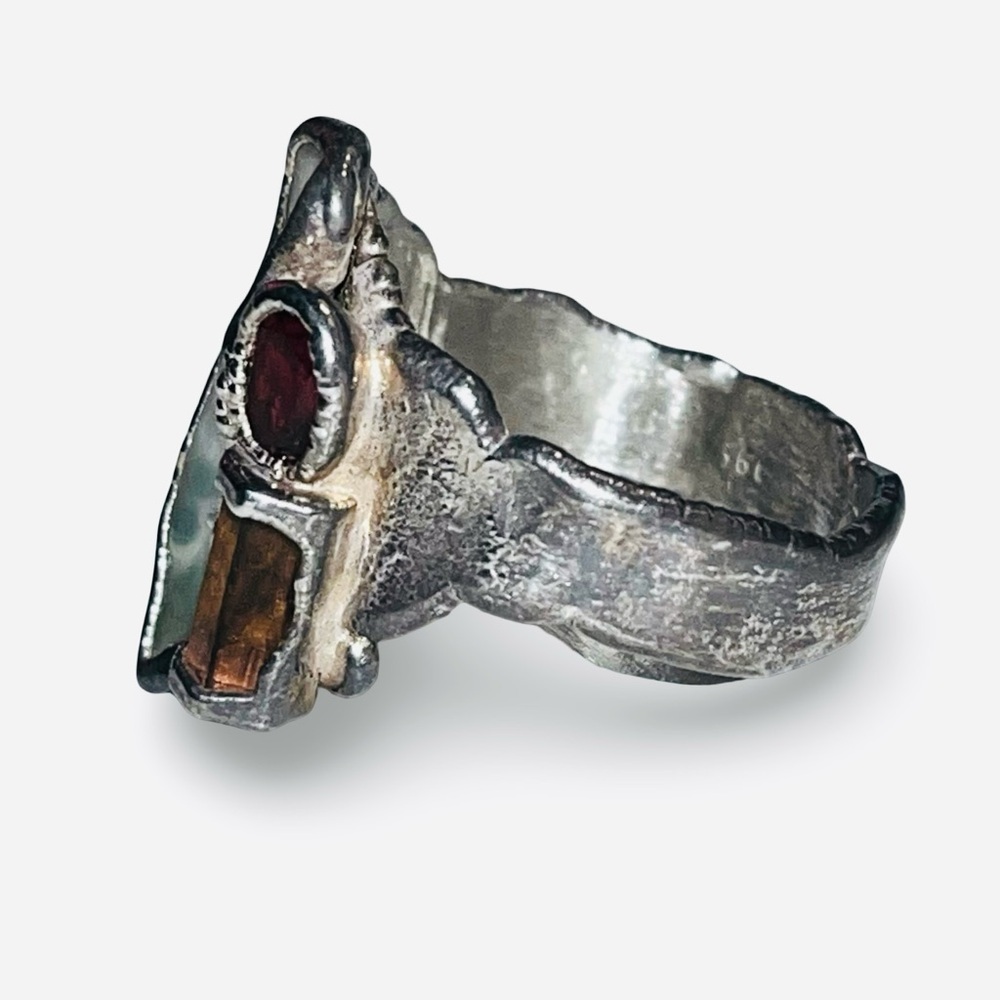 Vintage C + R 99% Pure Silver Garnet Pearl Opal Pink Tourmaline Ring Size 10 - Picture 5 of 9